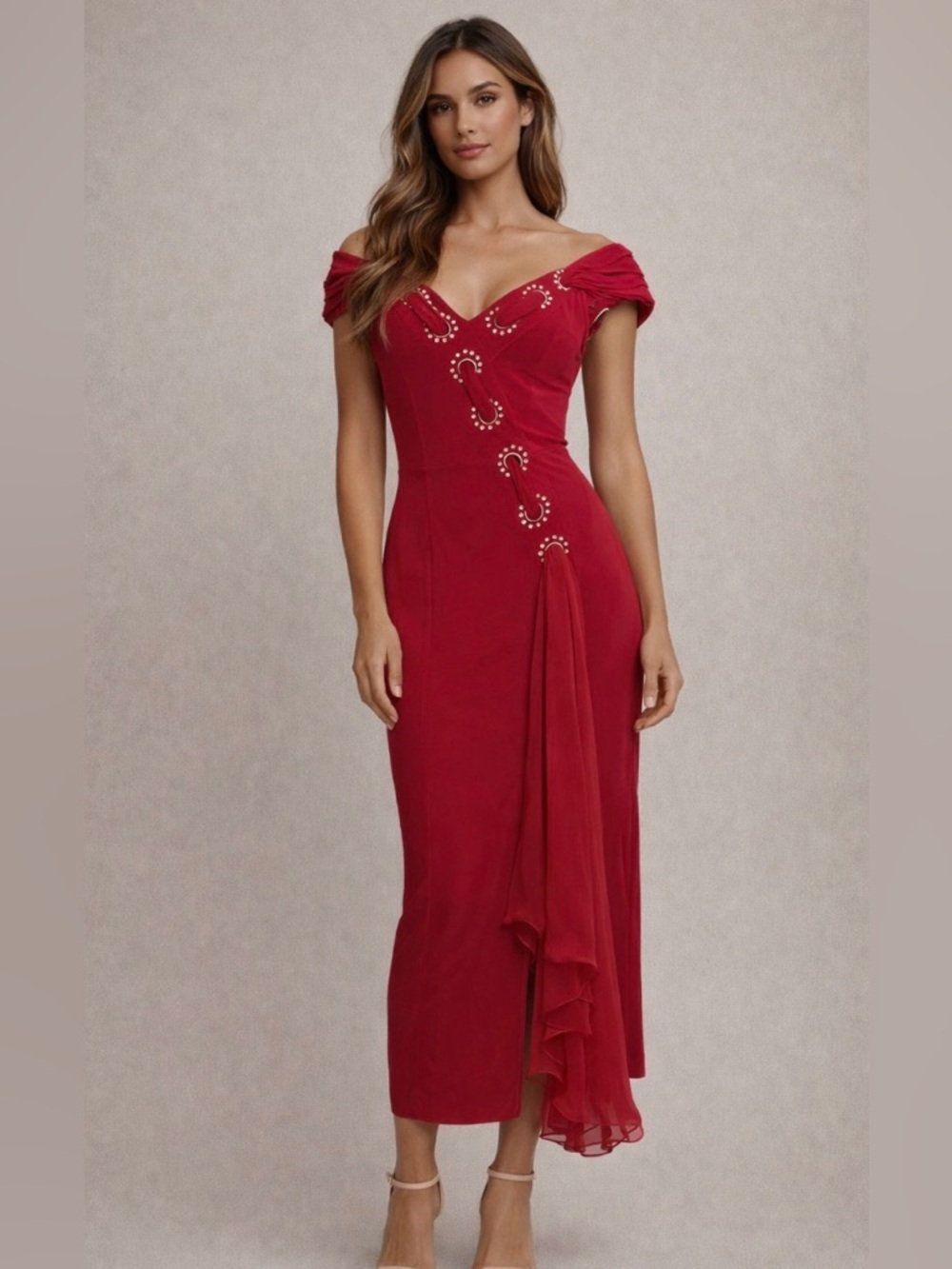 Red Off-Shoulder Ruched Midi Dress with Embellished Detail